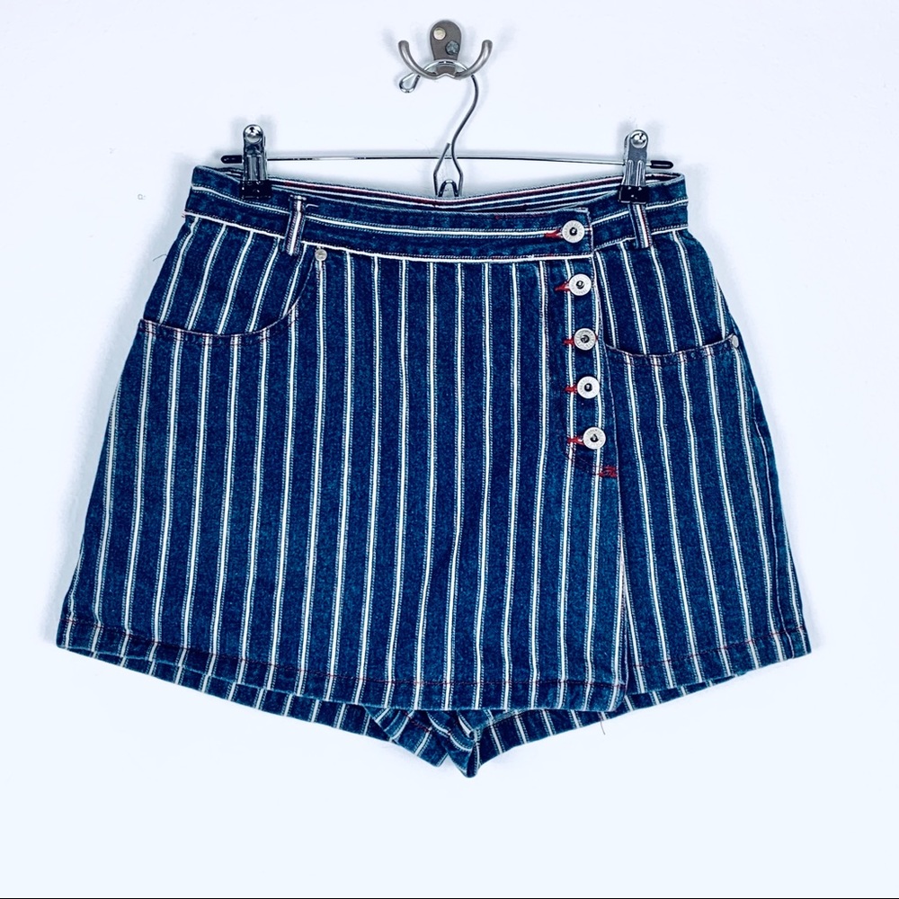 90s Vintage Striped High- Waisted Denim Jean Skort
